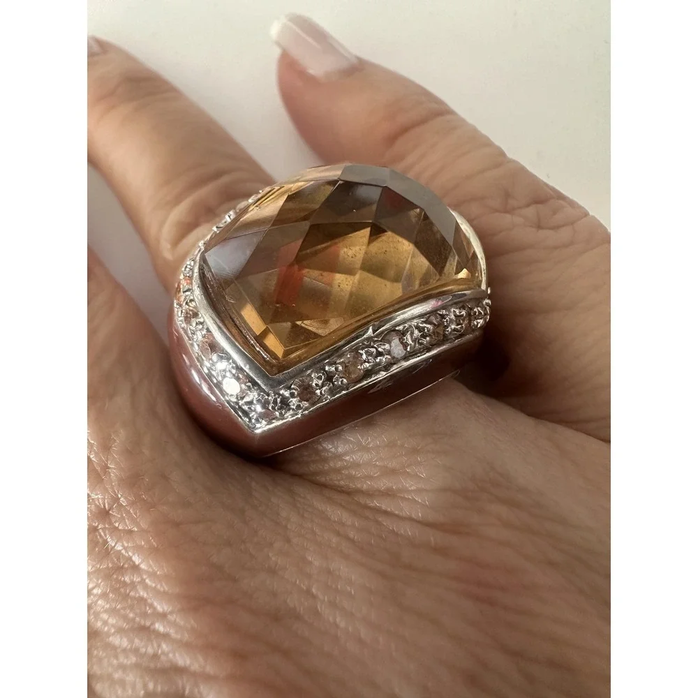 Brown Resin Dome Cocktail Ring Sz 7 Topaz Rhinestone Silver Tone Statement Rare
